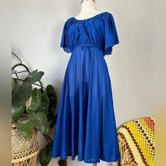 Vintage 70’s Young Edwardian Royal Blue Angel Sleeve Sheer Midi Dress - Picture 2 of 14